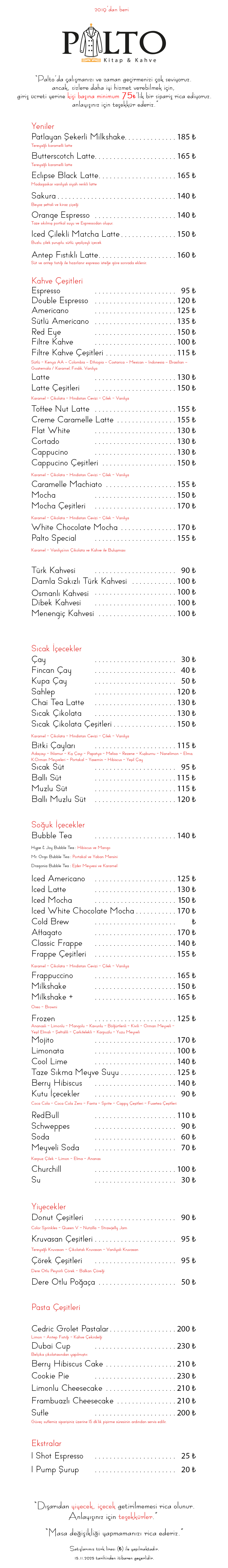 Palto Kitap ve Kahve Menüsü